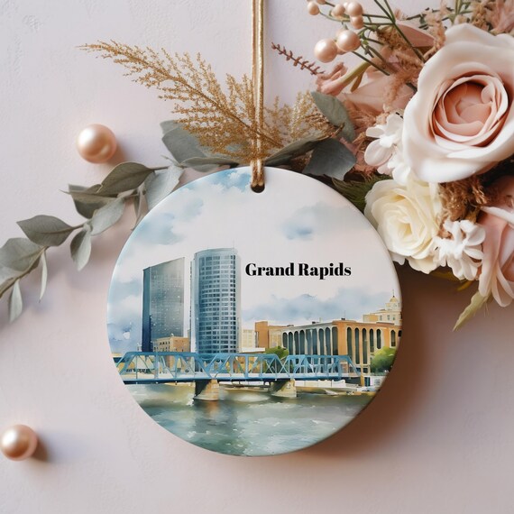 Grand Rapids Skyline Blue Bridge Michigan River Ornament Poster