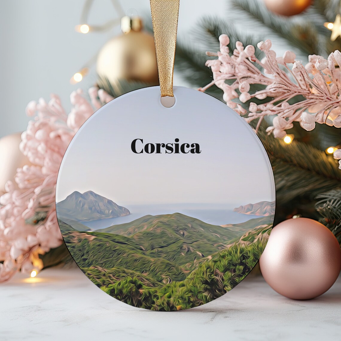 Corsica France Mountain Coast View Round Christmas Ornament Print