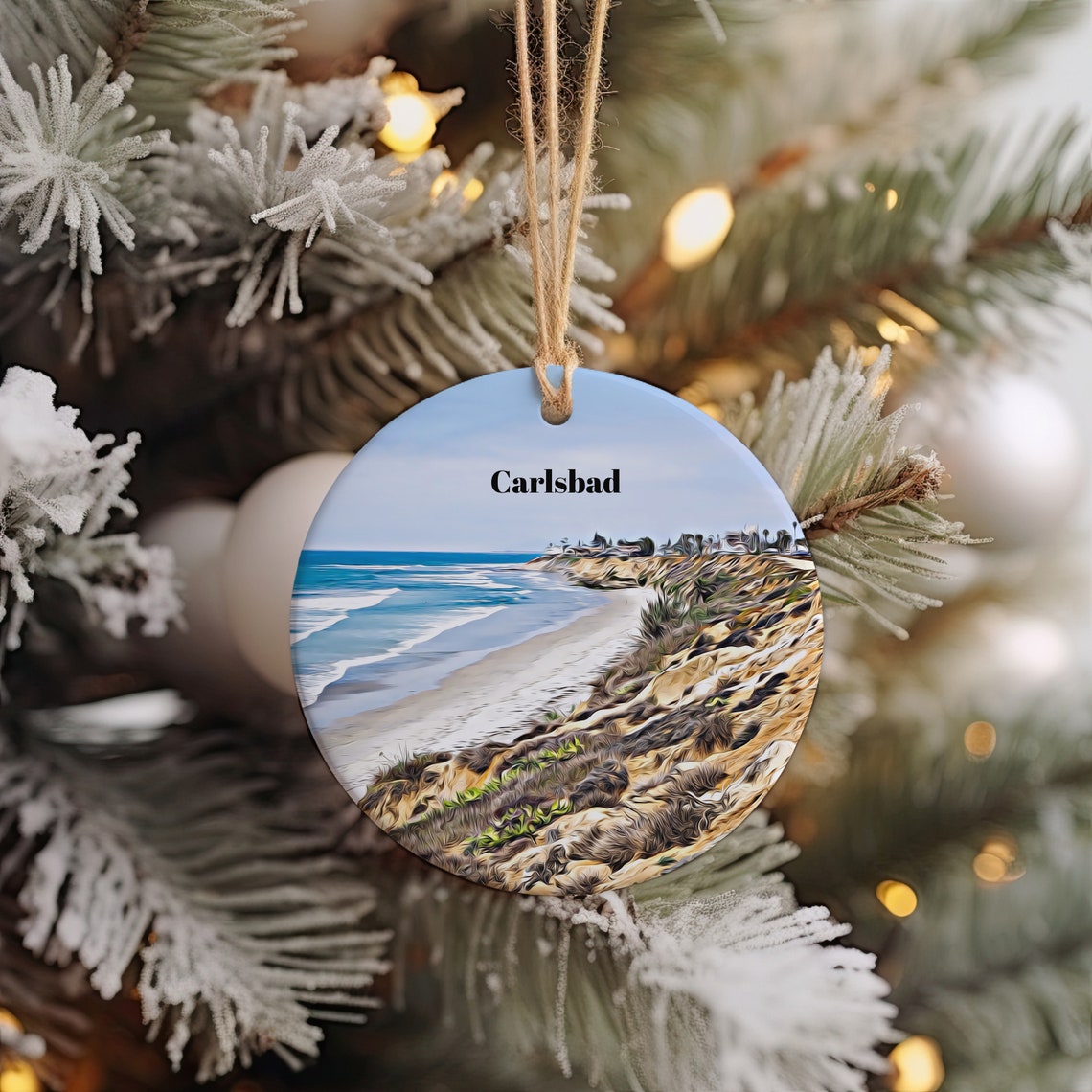 Carlsbad California Beach Cliffs Round Christmas Ornament Print
