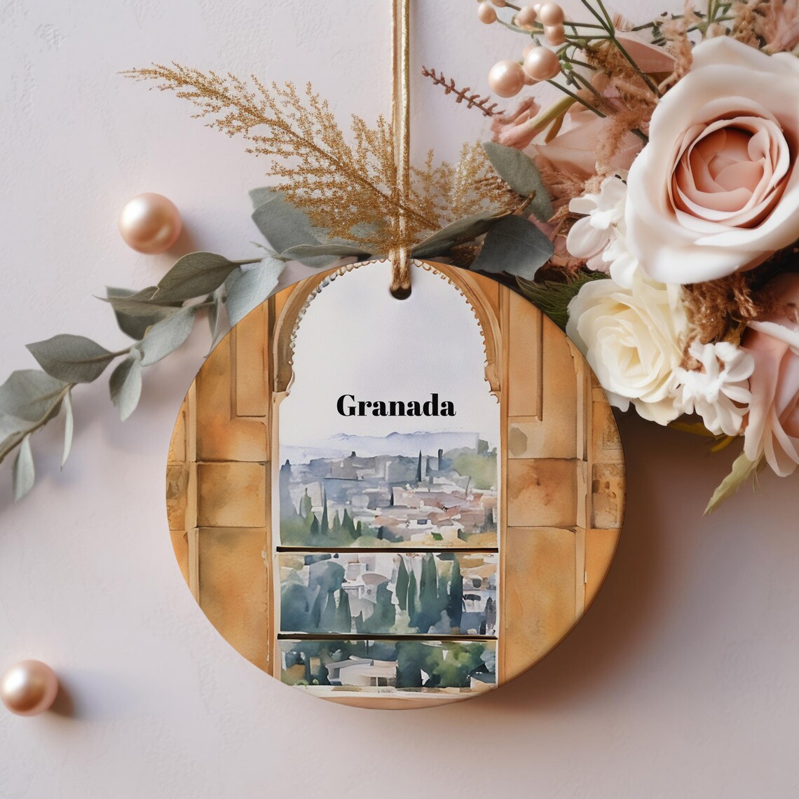 Granada Spain Watercolor Old City Arch View Christmas Ornament Print