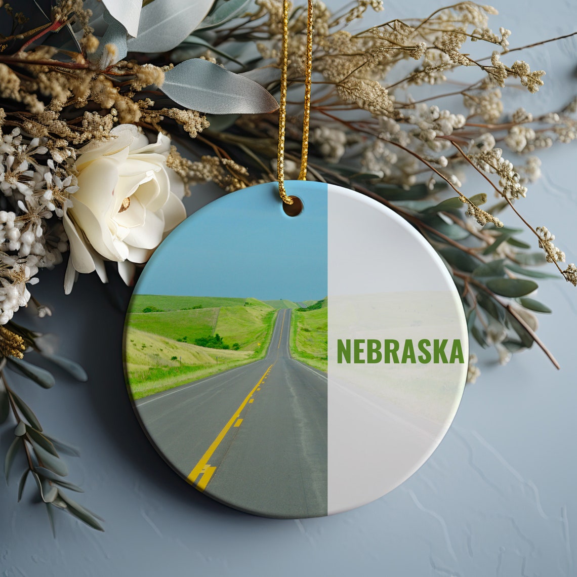 Nebraska Open Road Prairie Ceramic Christmas Ornament Design Poster