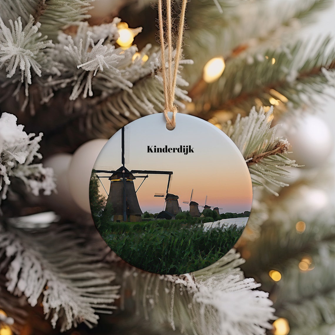 Kinderdijk Netherlands Windmills Sunset Round Christmas Ornament Print