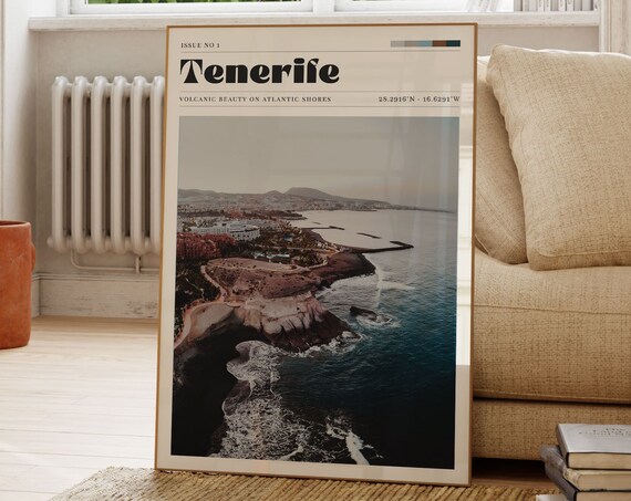 Tenerife Volcanic Coast Atlantic Waves Aerial Vintage Travel Poster