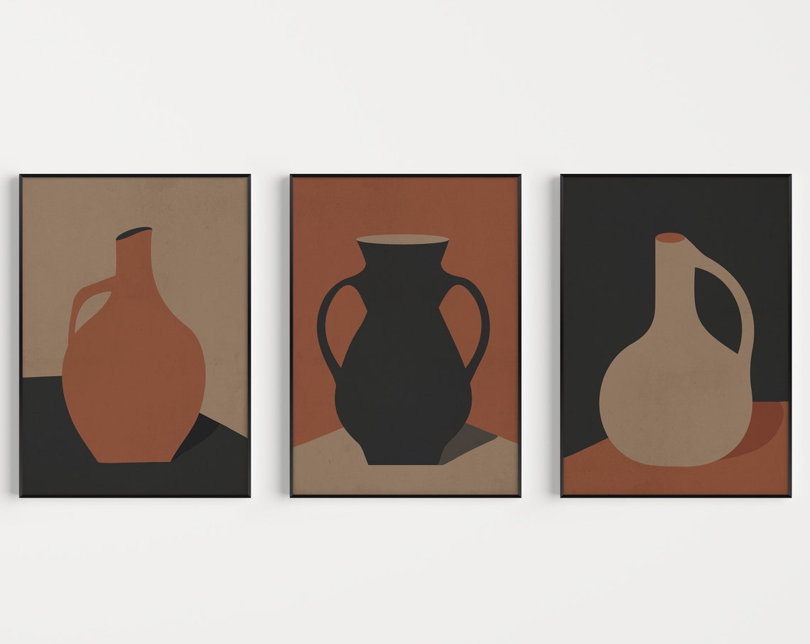 Neutral Ceramic Vase Silhouette Minimalist Set Of Three Poster