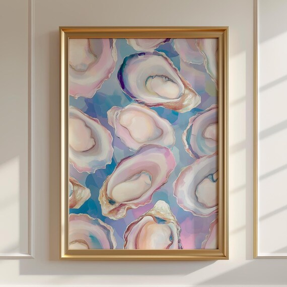 Pastel Oyster Shells Watercolor Pattern Pink Blue Coastal Art Poster
