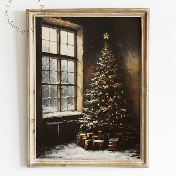 Vintage Christmas Tree Art Print, Dark Cottagecore