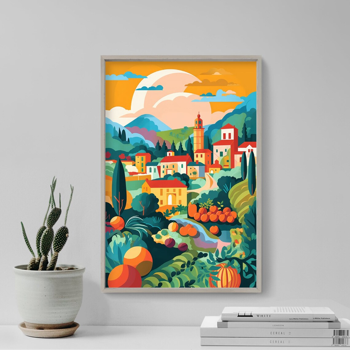 Sunny Hillside Village With Cypress Trees Colorful Illustration Poster