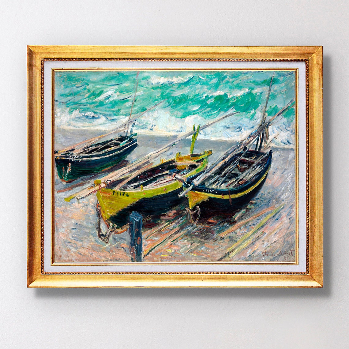 Claude Monet Three Fishing Boats Beached Shore Seascape Poster