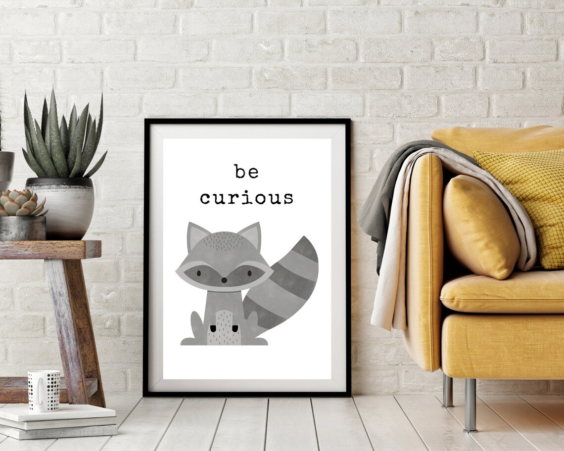 Be Curious Raccoon Woodland Nursery Quote Cute Animal Kids Wall Art Poster - Image 2