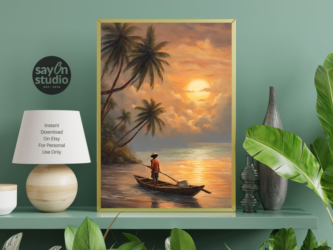 Tropical Fisherman Sunset Palm Beach Ocean Painting Coastal Art Poster - Image 2
