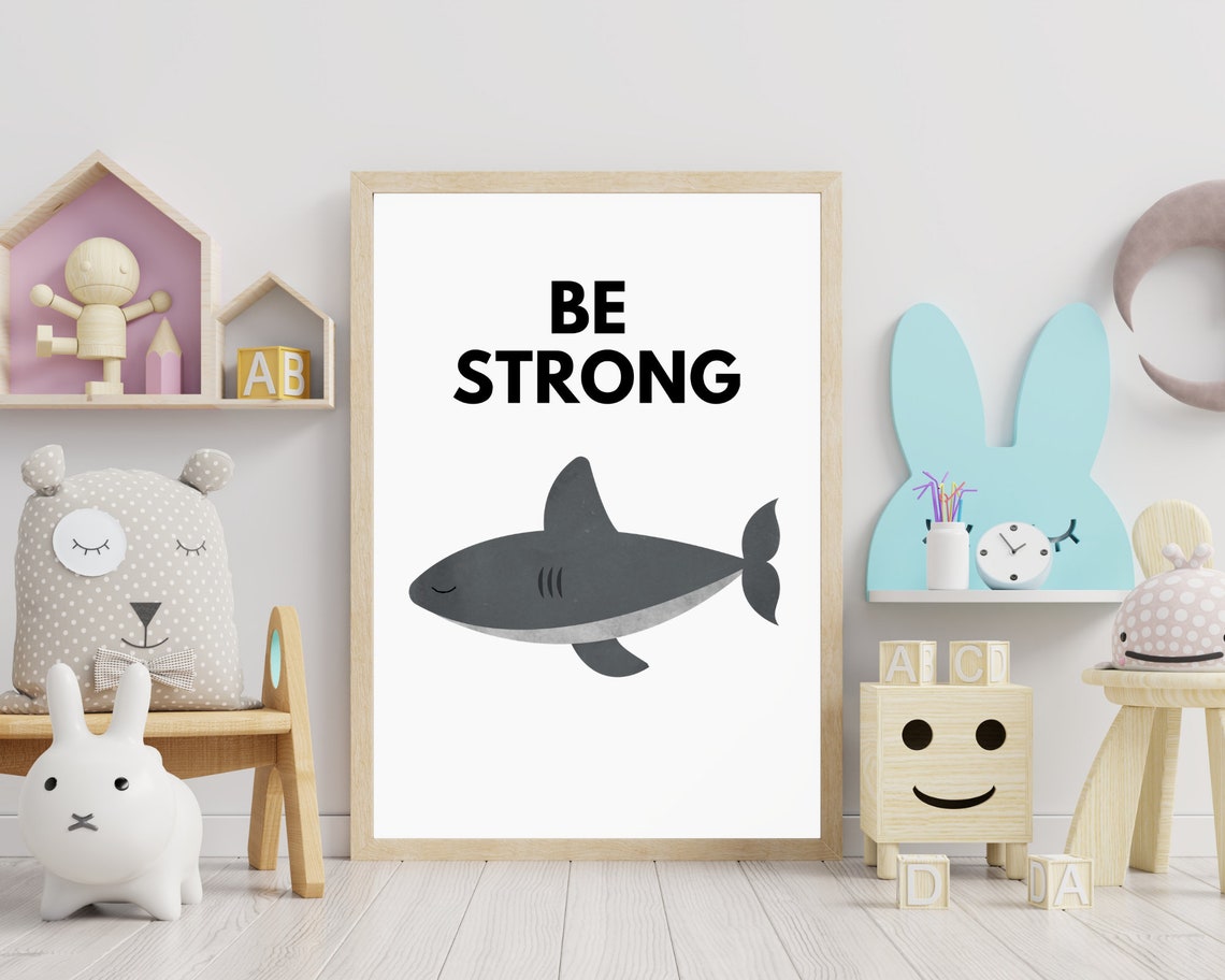 Be Strong Friendly Gray Watercolor Shark Nursery Affirmation Poster - Image 3