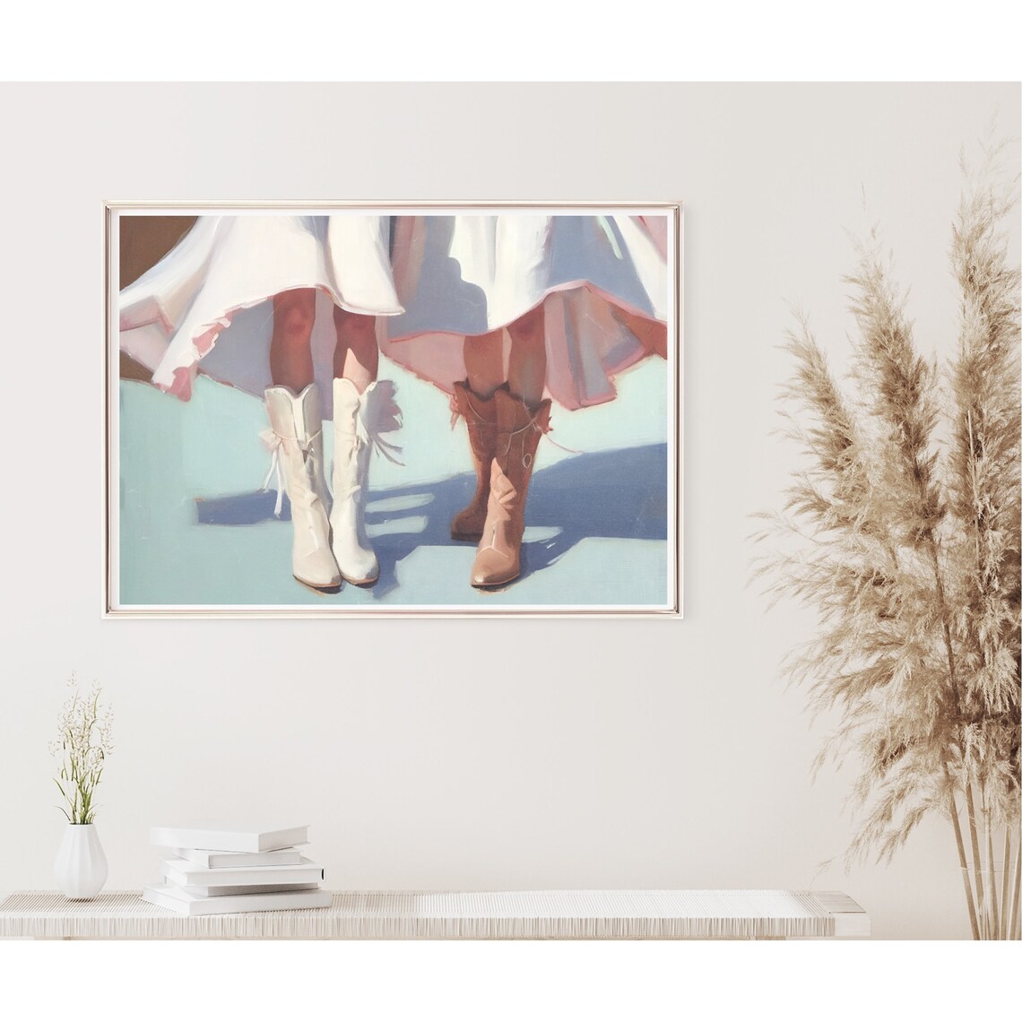 Two Cowgirls White Ruffle Boots And Tan Boots Blue Background Poster - Image 2