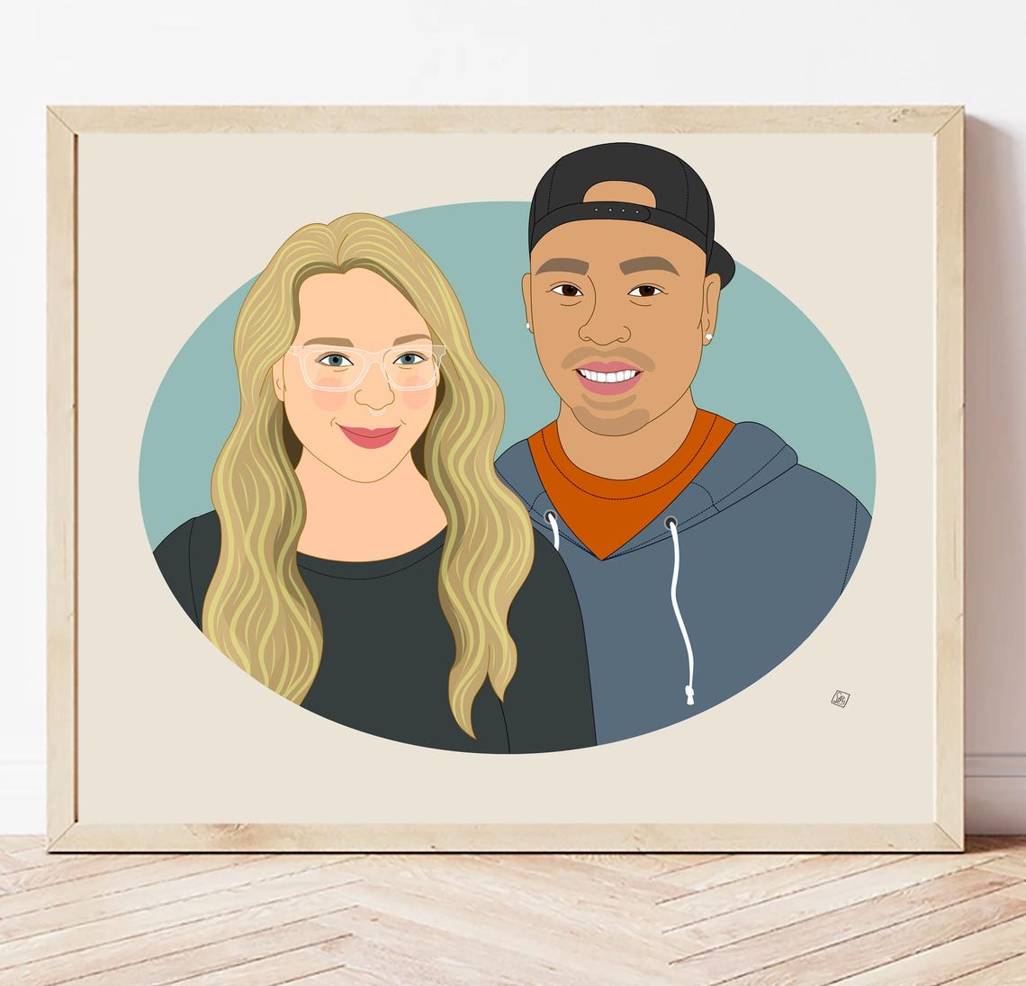 Bearded Couple Smiling Custom Illustrated Couple Portrait Poster - Image 5