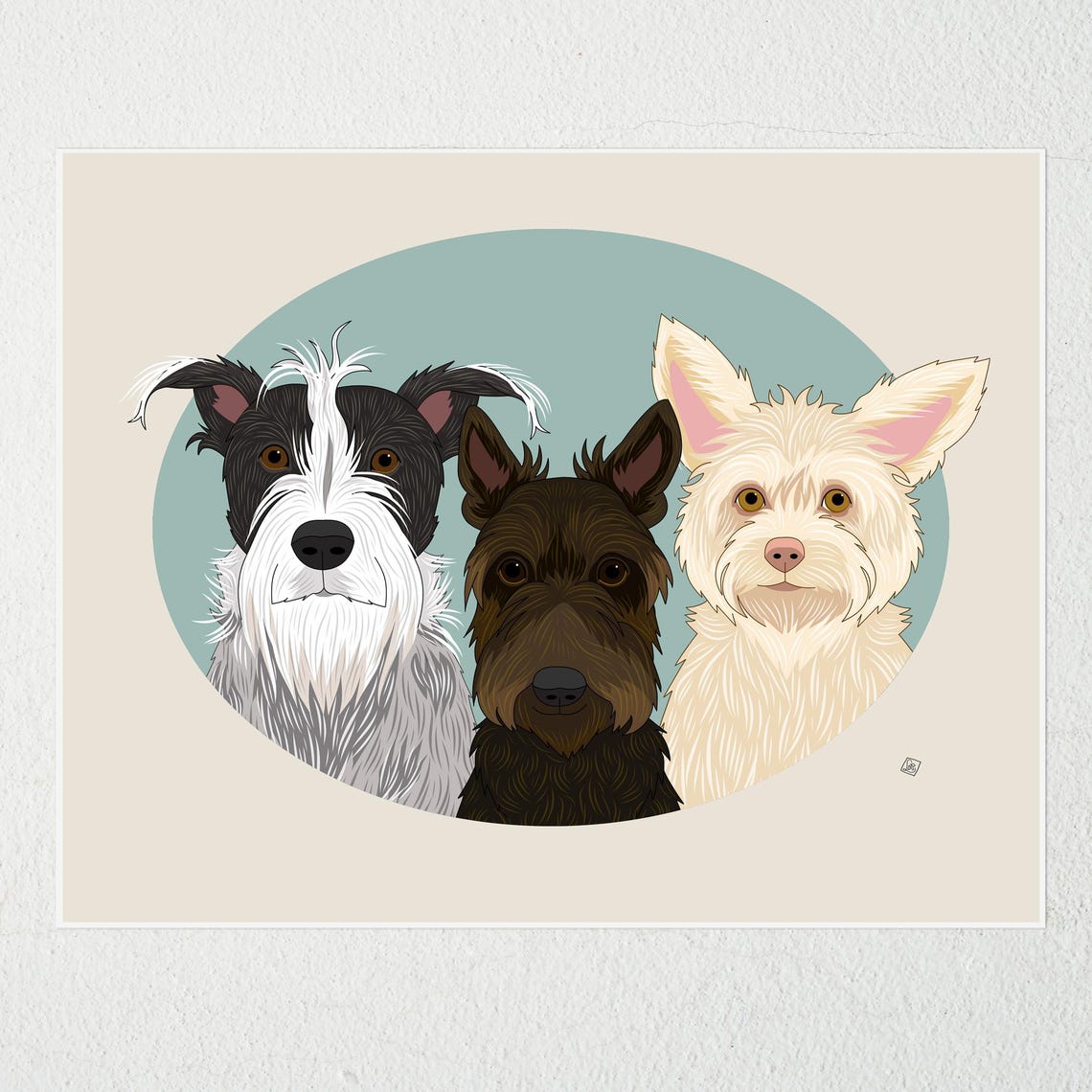Two Dogs and Three Cats Group Pet Portrait Custom Illustration Poster - Image 3