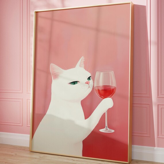 Cat With Wine, Modern Kitchen Decor Cheers Print