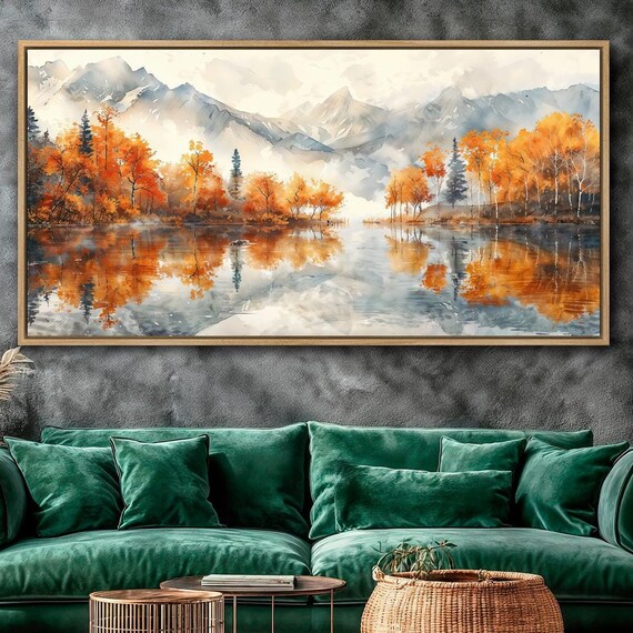Misty Autumn Lake Reflection Watercolor Mountain Scene Poster