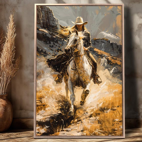 Dynamic Country Cowgirl Framed Canvas Wall Art Galloping Horse Painting Print Western Freedom Poster Abstract Decor Gift Ready To Hang