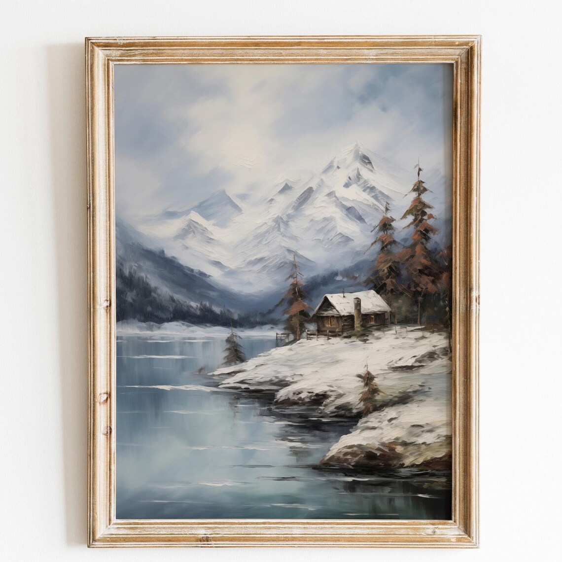 Snowy Mountain Cabin Beside Still Winter Lake Vintage Poster