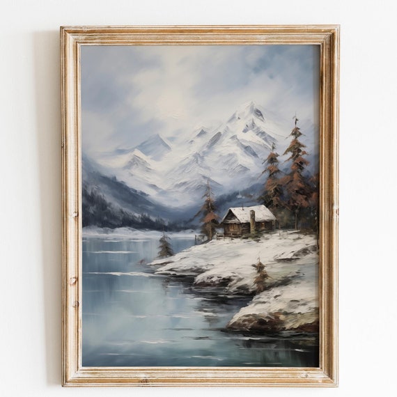 Vintage Christmas Wall Art Vintage Winter Landscape Painting Christmas Decor Forest Wall Art Moody Wall Art Mountain Wall Art Seasonal