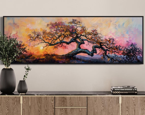 Whimsical Old Oak At Sunset Colorful Panoramic Landscape Print For Relaxing Above Bed Decor Atmospheric Long Narrow Wall Art