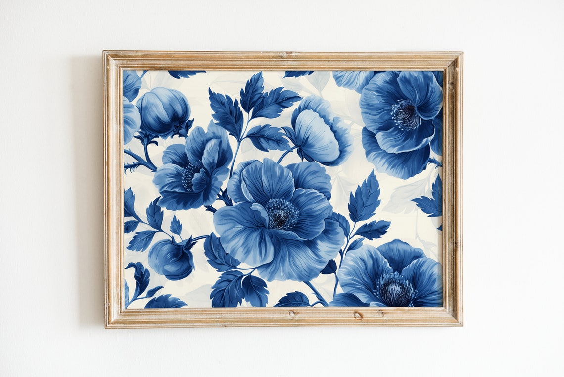Blue Delft Style Floral Pattern Landscape Botanical Art Poster