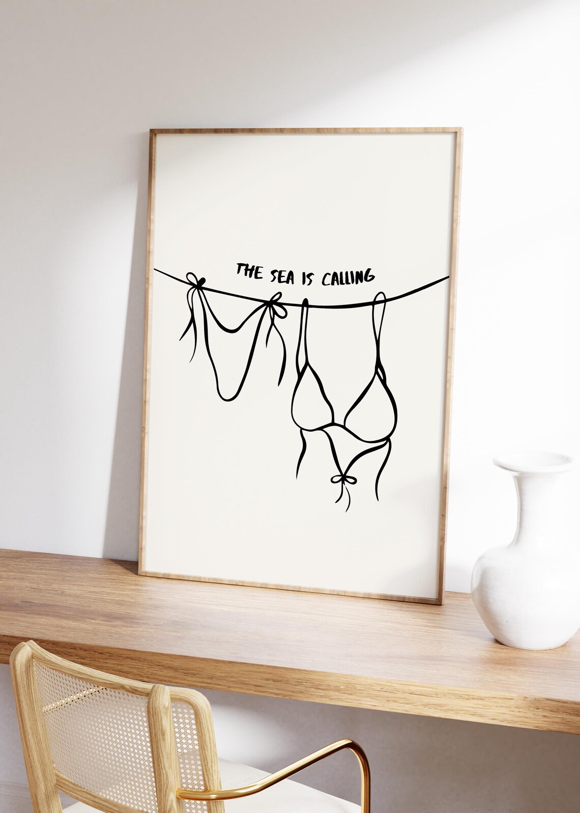 The Sea Is Calling Black Bikini Clothesline Minimalist Coastal Art Poster - Image 2
