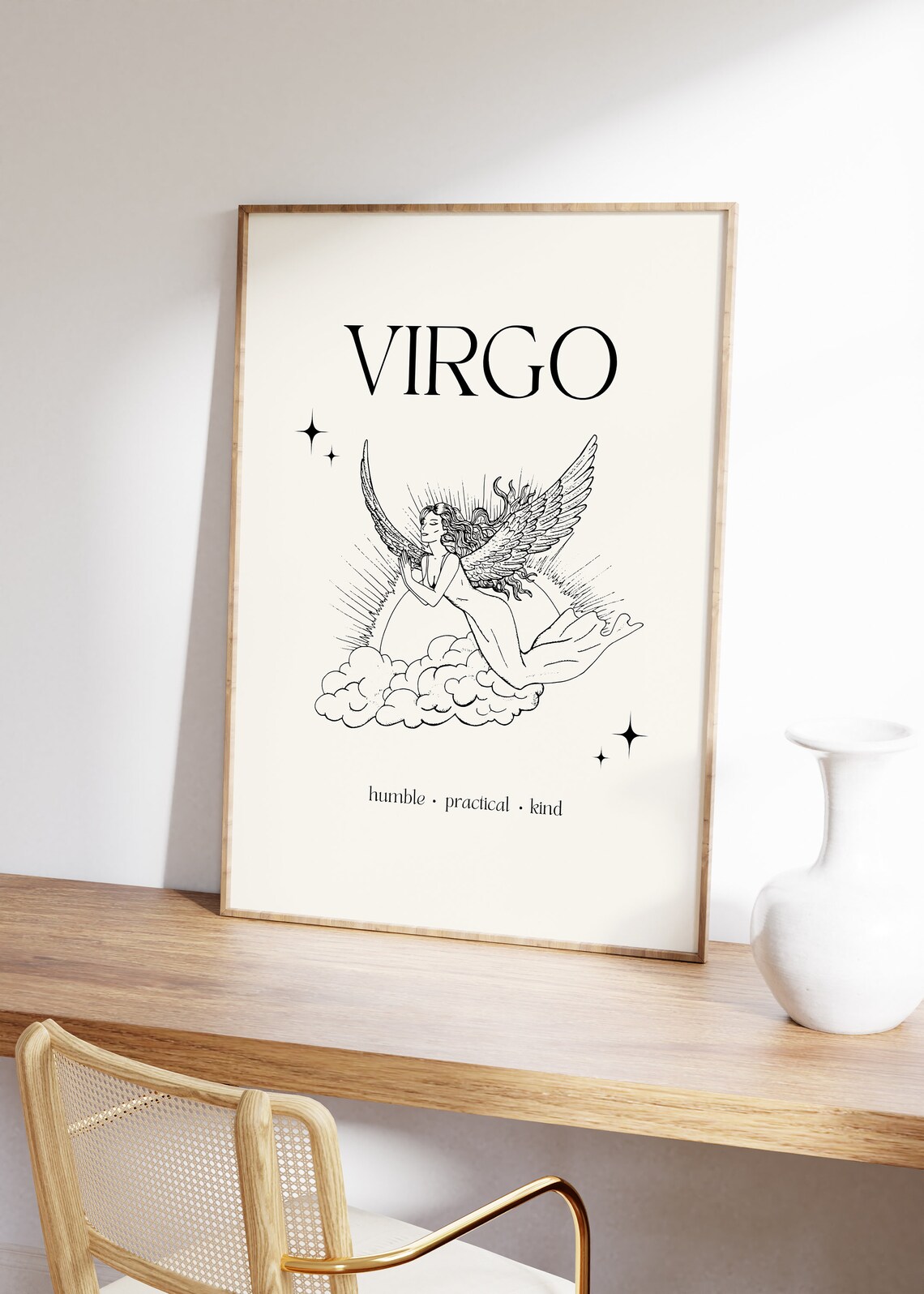 Virgo Zodiac Angel Minimalist Winged Woman Line Art Cream Poster - Image 3
