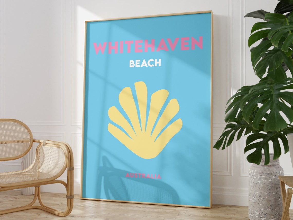Whitehaven Beach Australia Blue Yellow Seashell Travel Poster