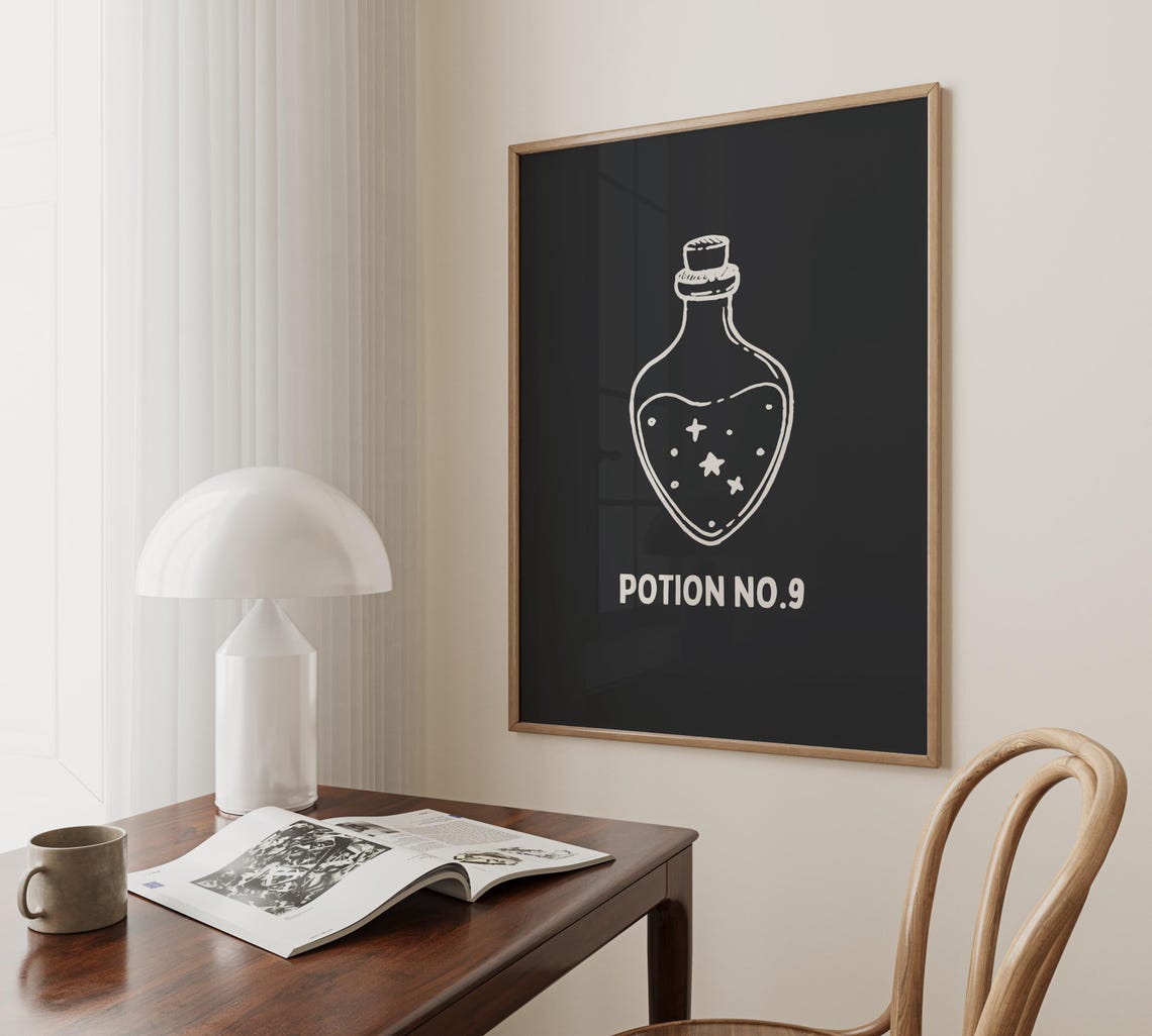 Potion No 9 Witch Apothecary Bottle Cream Line Art Black Spooky Poster - Image 3