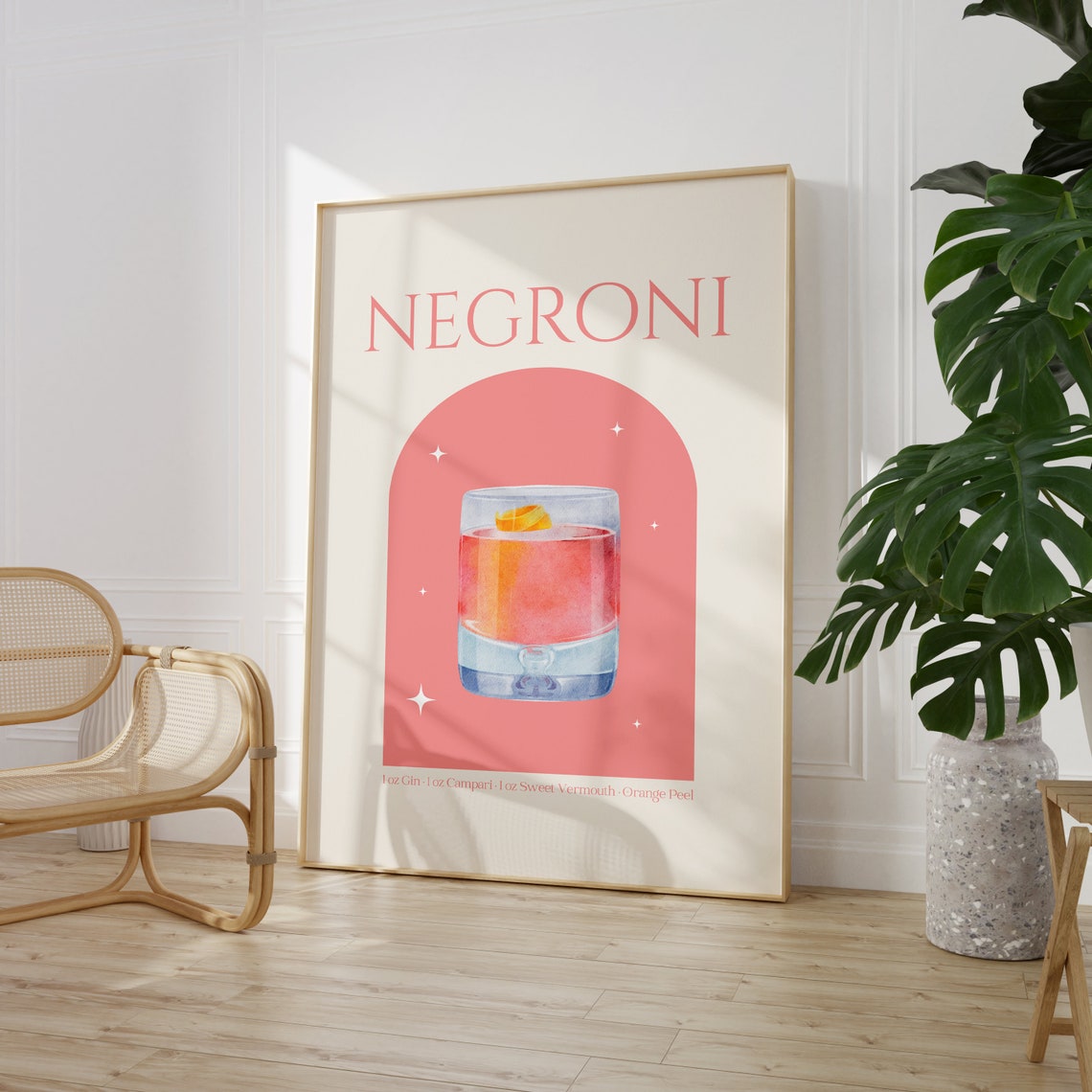 Negroni Cocktail Recipe Pink Arch Watercolor Orange Peel Poster - Image 3
