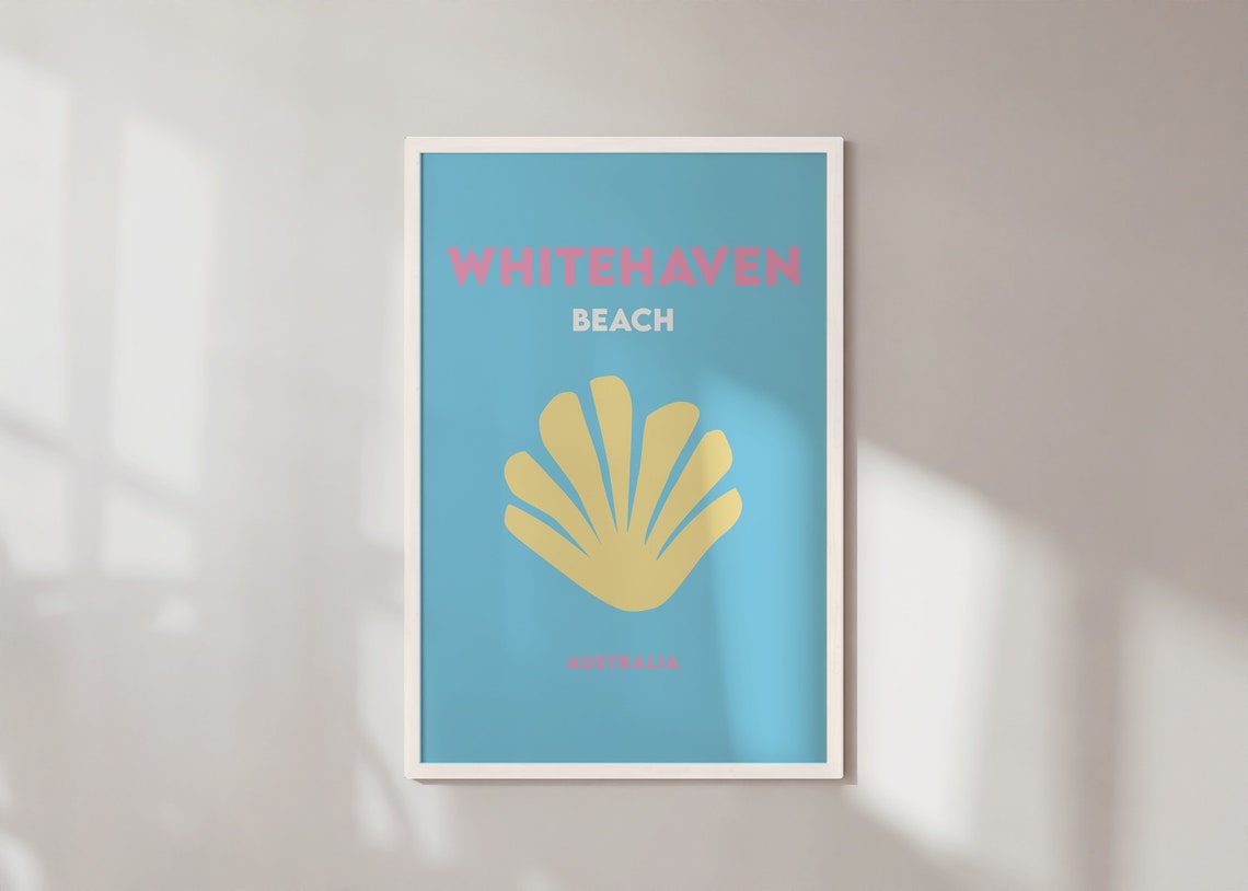 Whitehaven Beach Australia Blue Yellow Seashell Travel Poster - Image 4