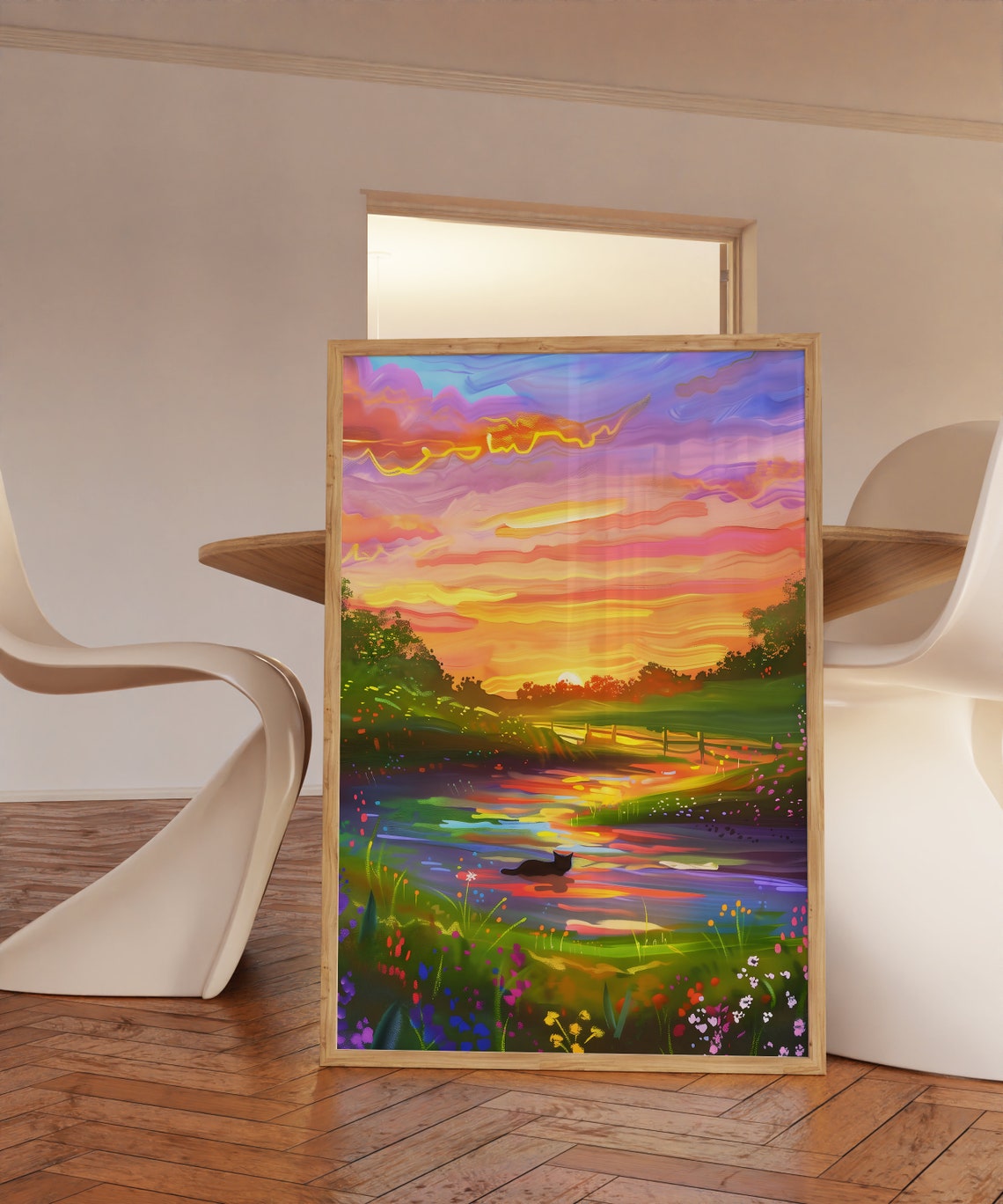 Vibrant Sunset Over A Winding Country River Pastel Sky Print - Image 3