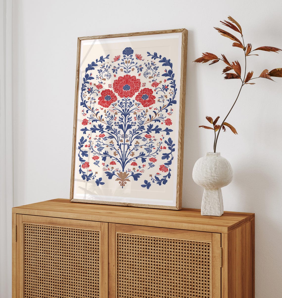 Vintage Botanical Floral Illustration Poster In Red And Blue Tones - Image 3