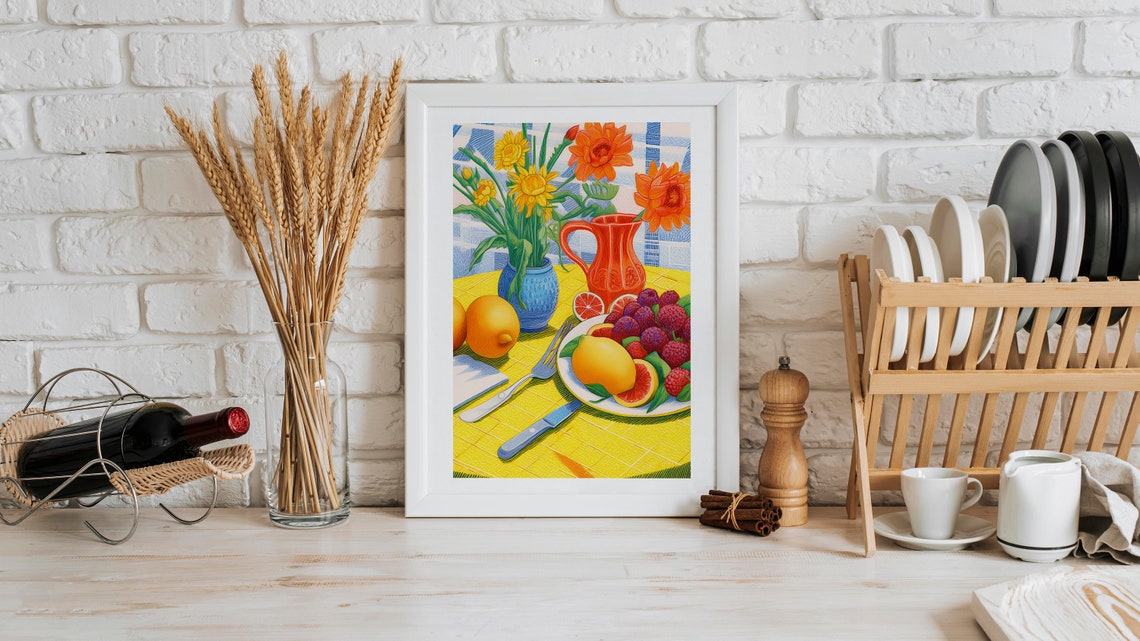 Fruit Still Life Kitchen Lemons Raspberries Flowers Wall Art - Image 2