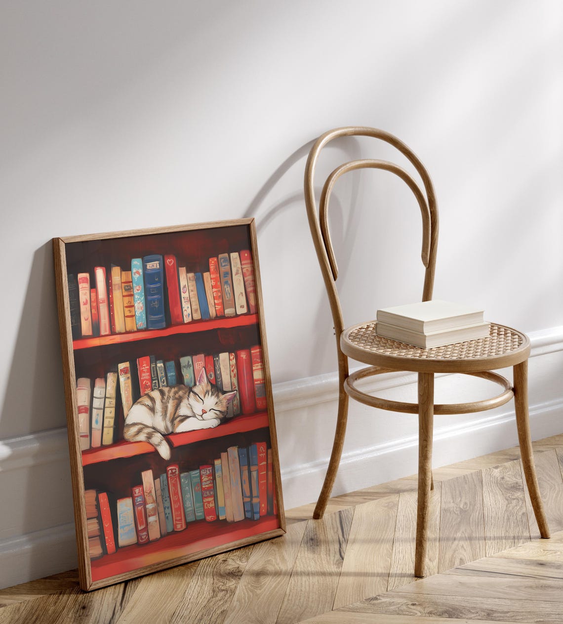 Sleepy Tabby Cat on Red Bookshelf Cozy Library Reading Nook Poster - Image 2