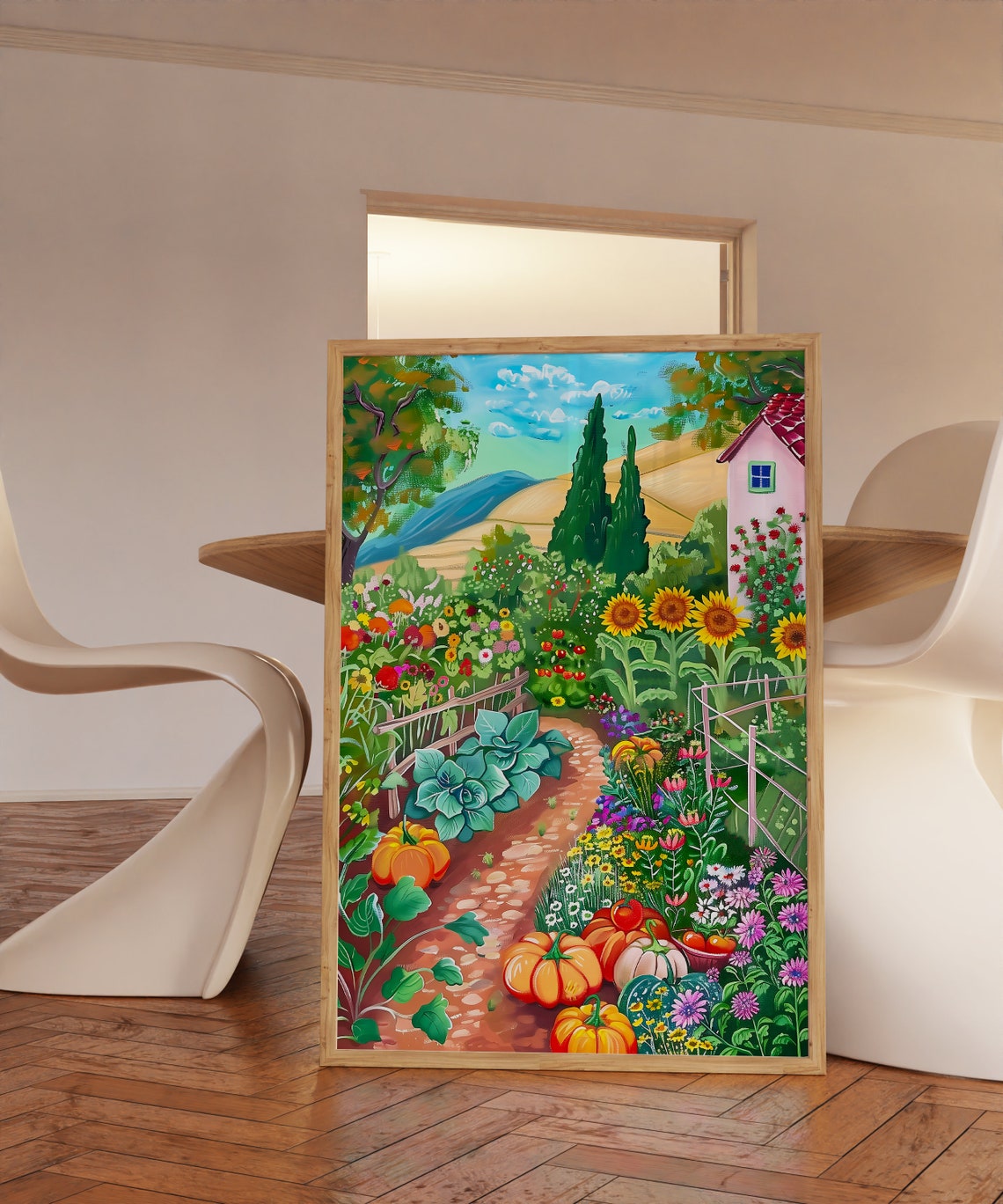 Sunny Cottage Vegetable Garden With Pumpkins Harvest Art Print - Image 3