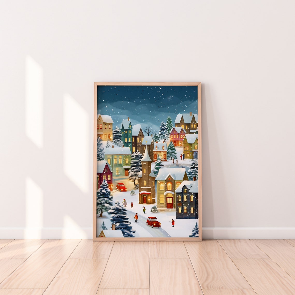 Snowy Winter Village Christmas Night Cozy Town Scene Wall Art