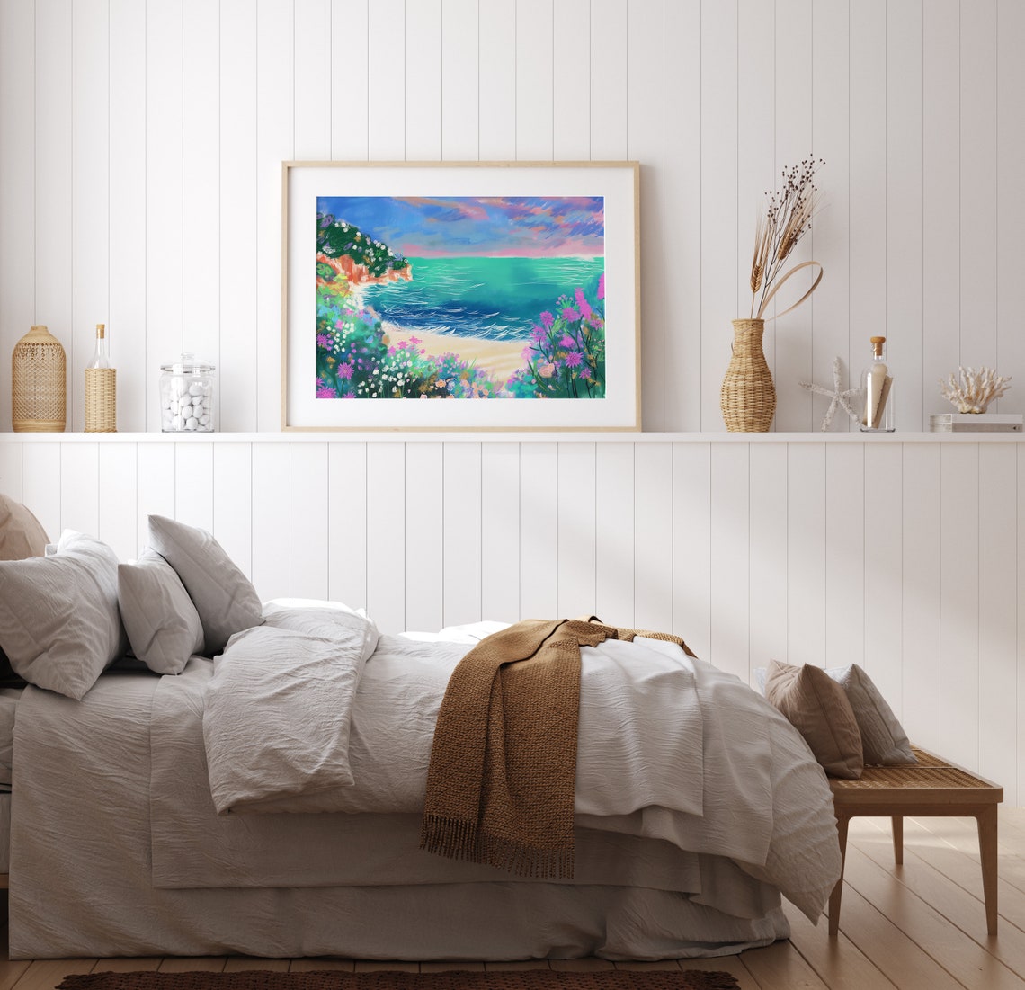 Coastal Cove Seascape Wildflowers Turquoise Sea Sunset Poster - Image 2