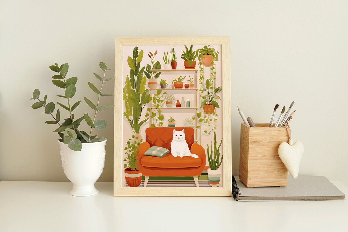 White Cat With House Plants Boho Art Print - Image 2