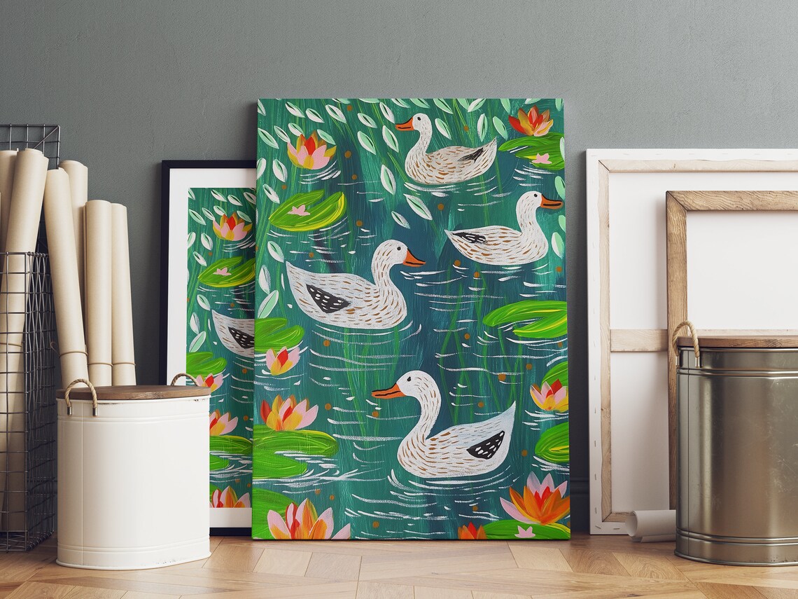 Ducks In A Pond Art Print, Water Lily Flowers - Image 2
