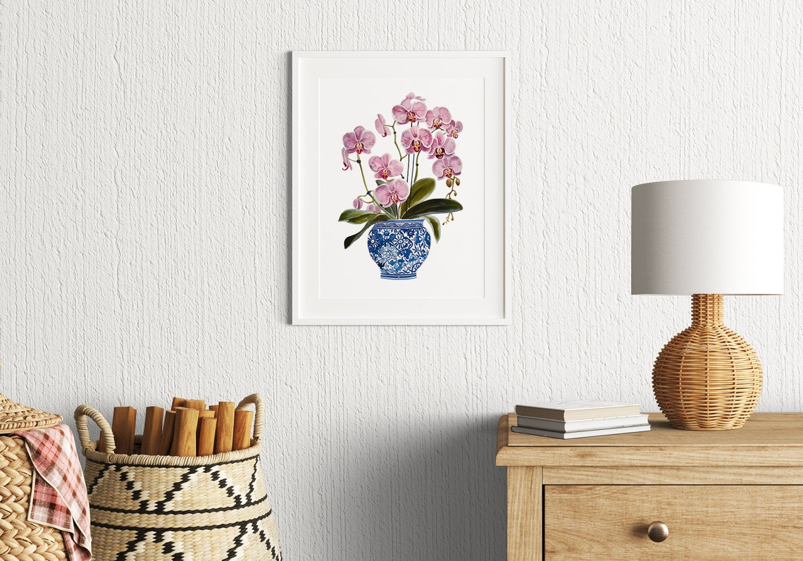 Pink Orchids In A Blue And White Chinoiserie Tile Vase Print - Image 3