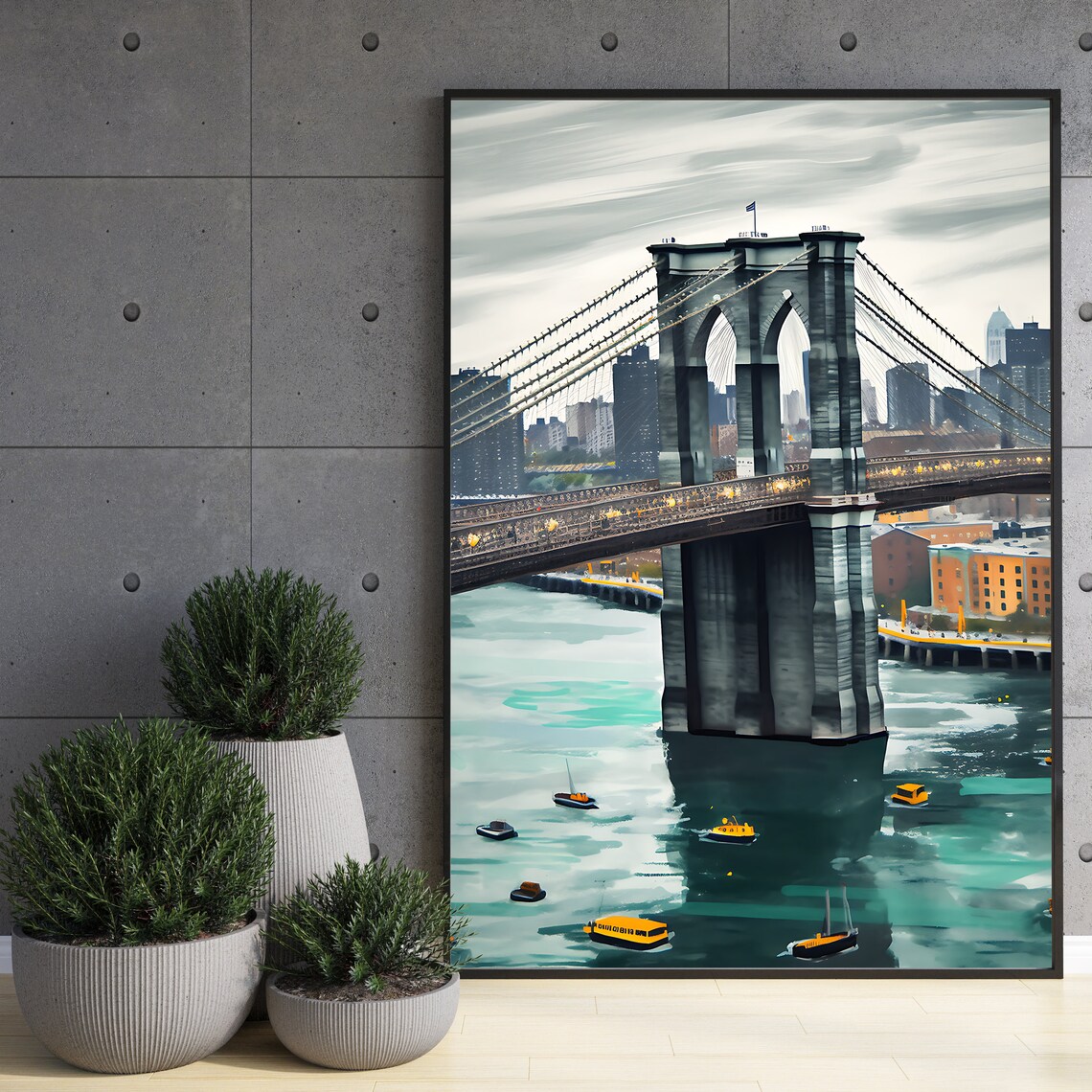 Brooklyn Bridge New York City Painting Boats On The Water Print