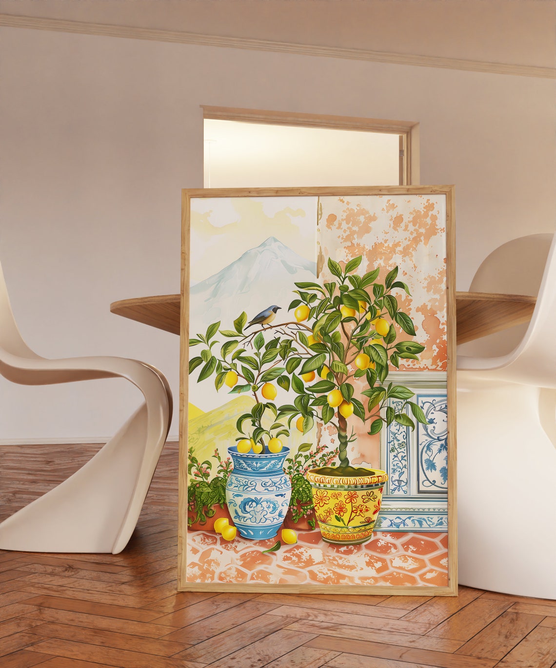 Sicily Lemon Trees Wall Art Potted Citrus Painting Mountain View Art - Image 2