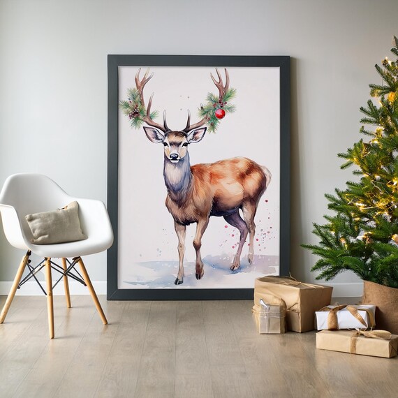 Walking Stag with Festive Antlers Watercolor Christmas Poster