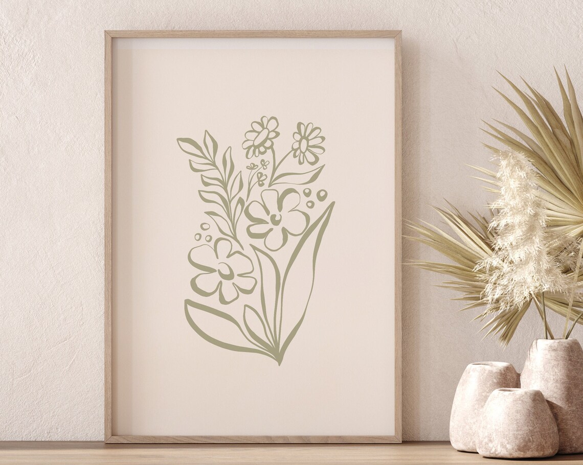 Flowers Line Art Print, Sage Green Botanical Decor