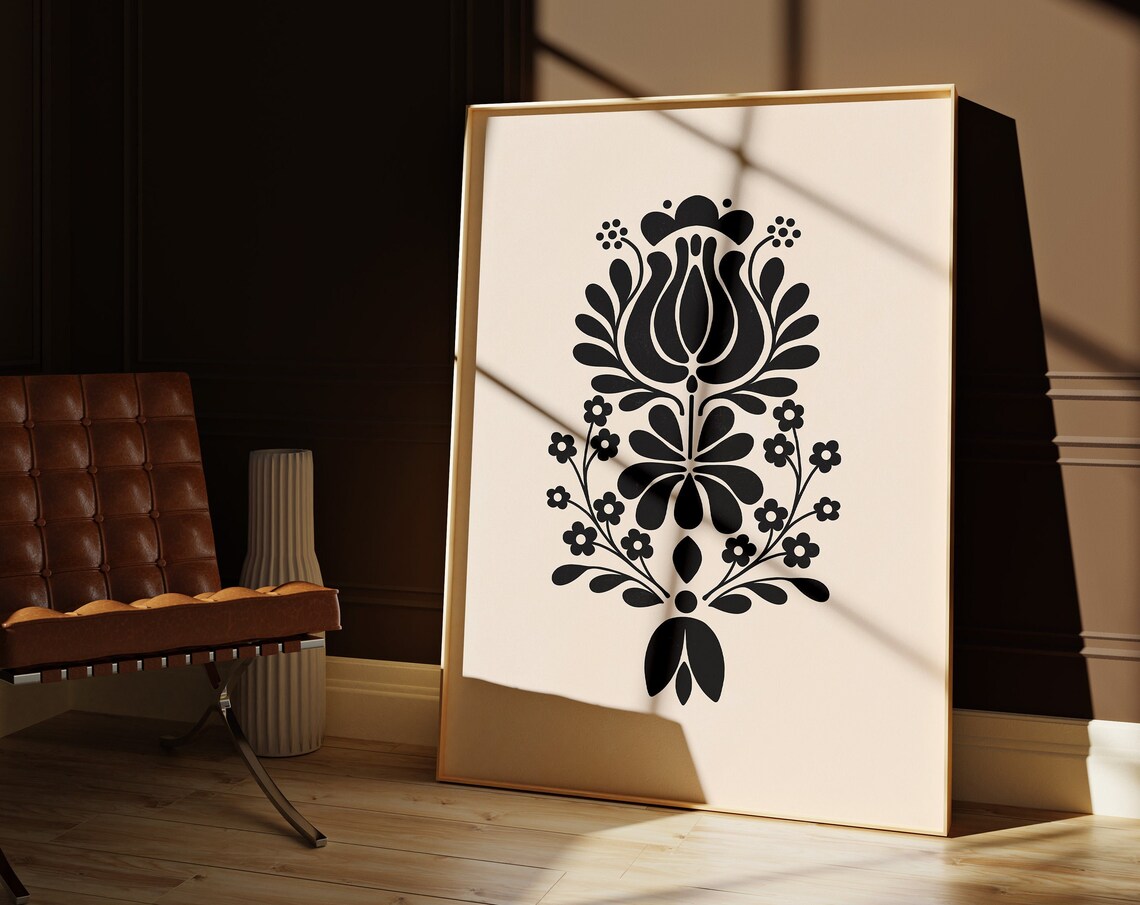 Scandinavian Folk Art Black Floral Beige Minimalist Art Print