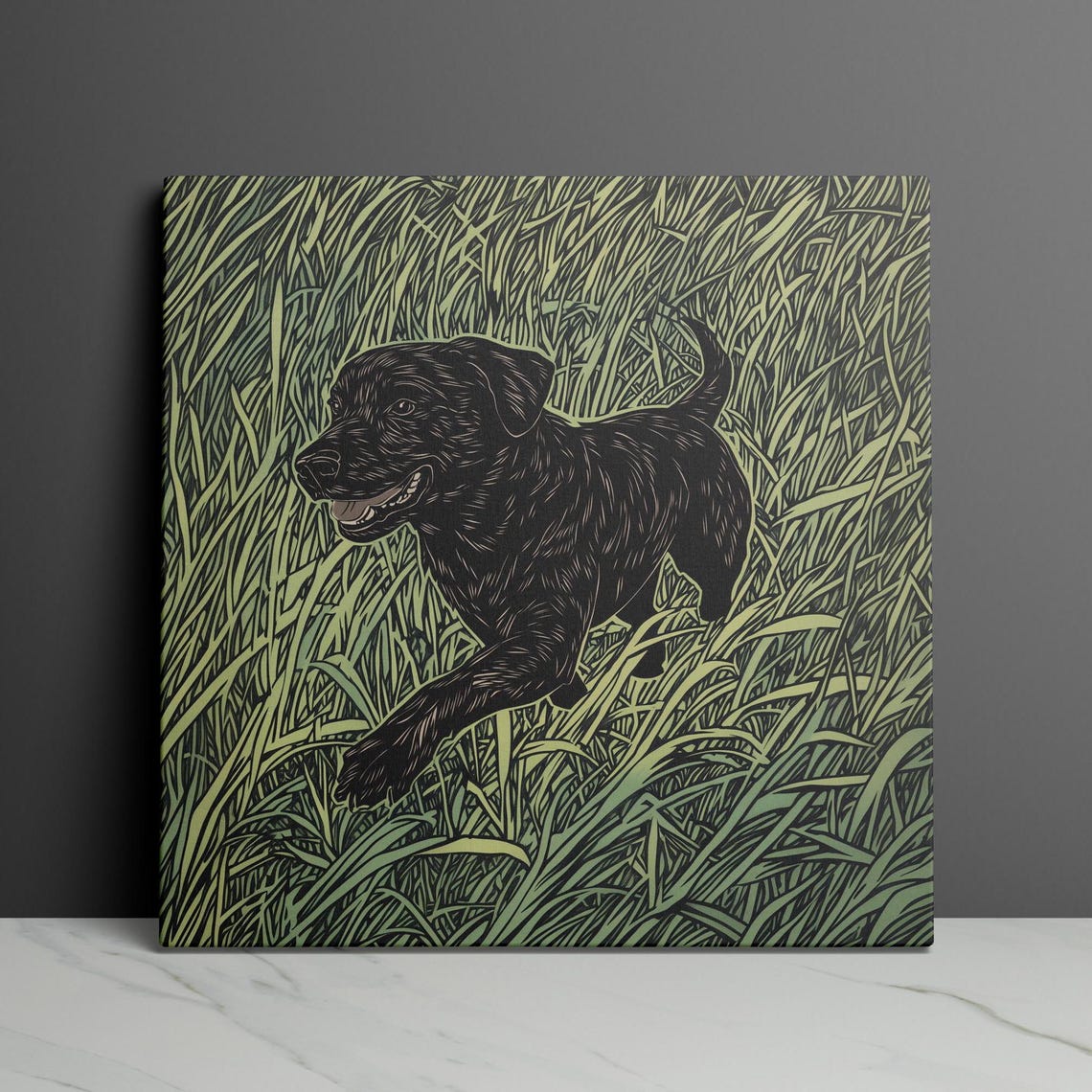 Black Lab Running Through Tall Green Grass Linocut Style Poster - Image 3
