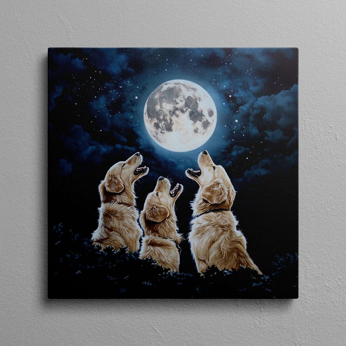 Three Golden Retrievers Howling Together At The Full Moon Poster
