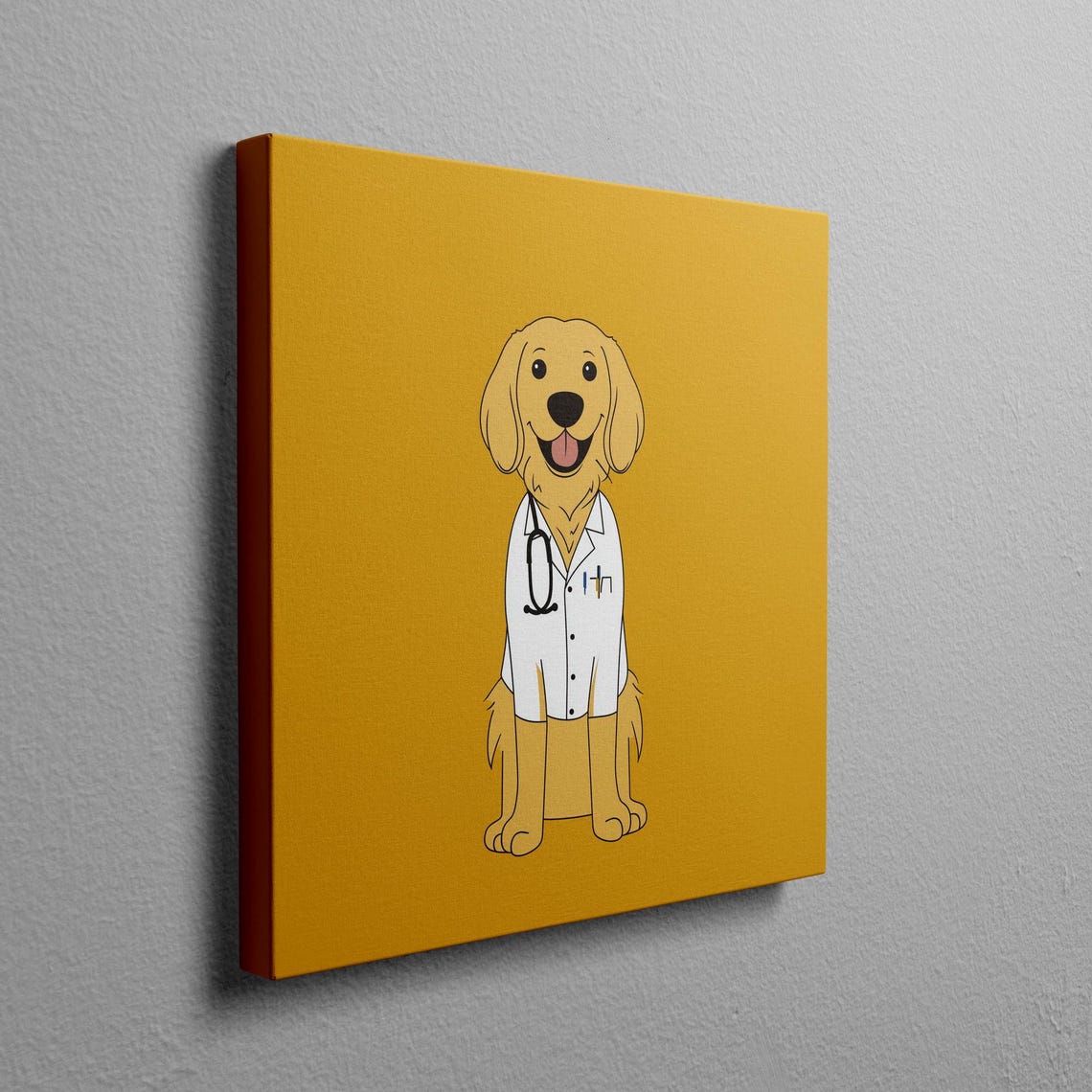 Happy Golden Retriever Doctor Cartoon On Mustard Gold Wall Art - Image 2