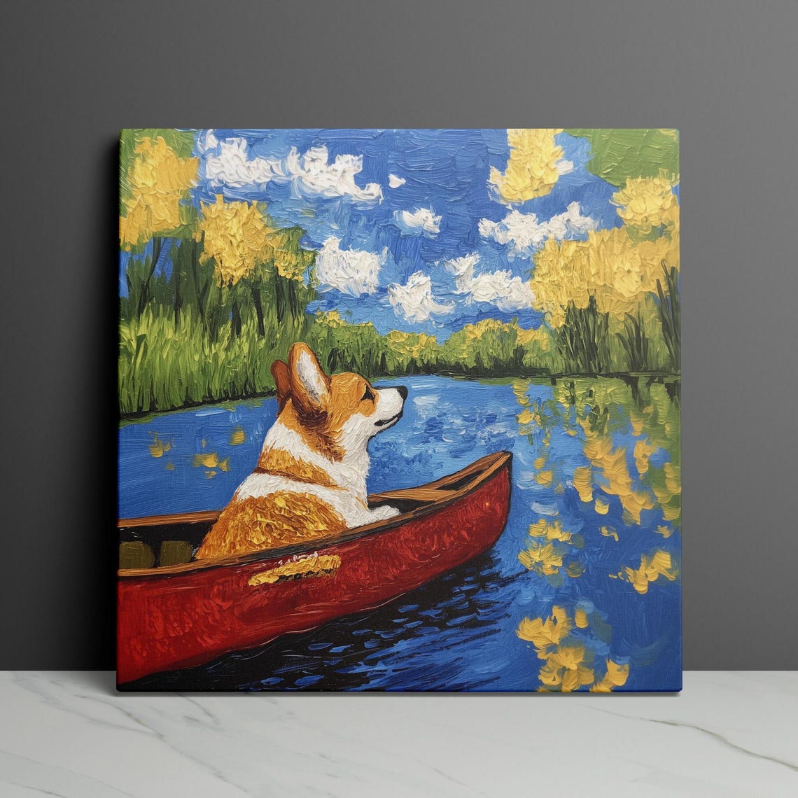 Corgi Paddling a Red Canoe on a River in Colorful Oil Poster - Image 3
